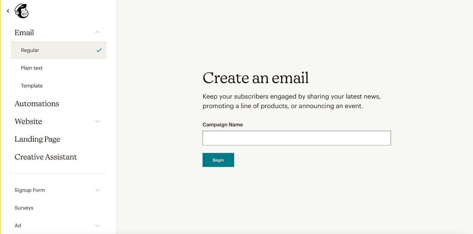 Mailchimp account dashboard with email creation button on left sidebar
