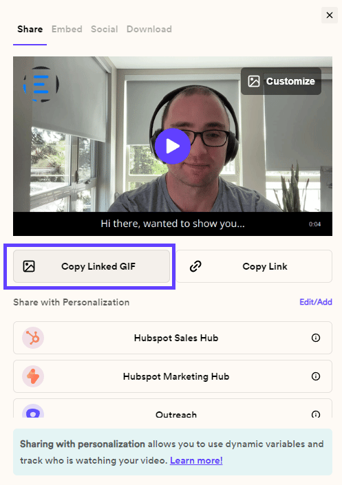 Share modal with Copy Linked GIF highlighted