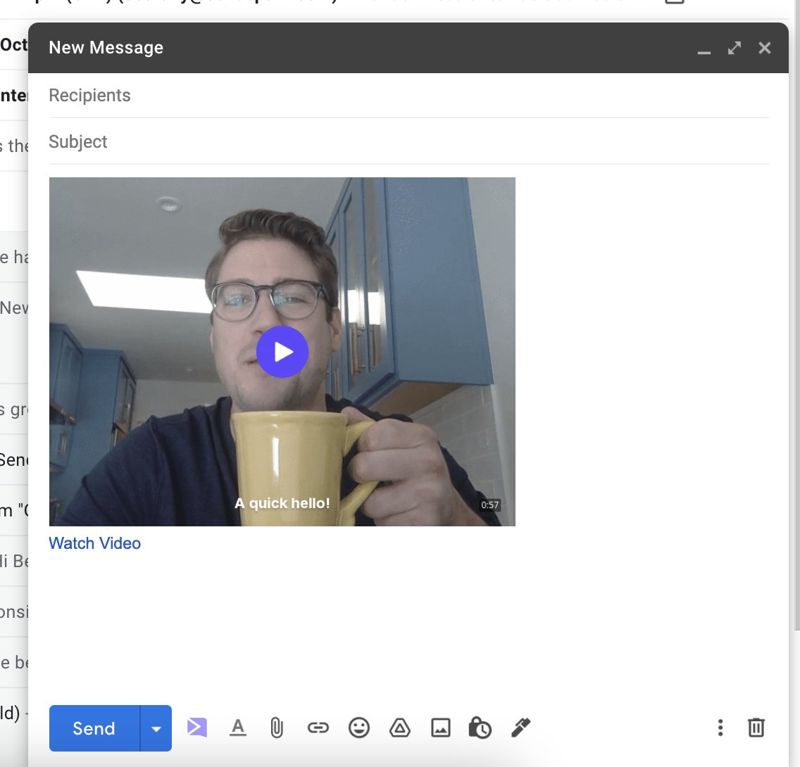 Video insertion confirmation dialog with Insert Video button for Gmail email