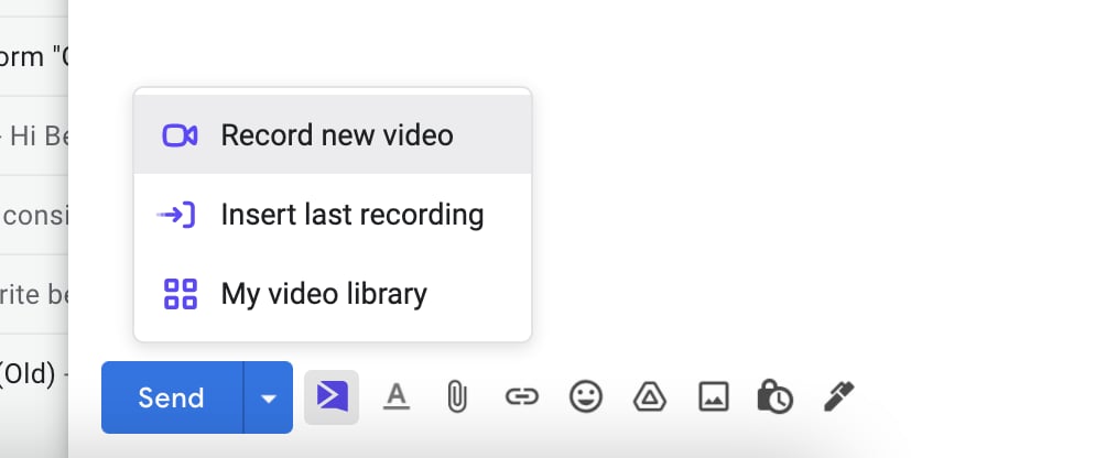 Sendspark popup menu showing Record new video and other video options