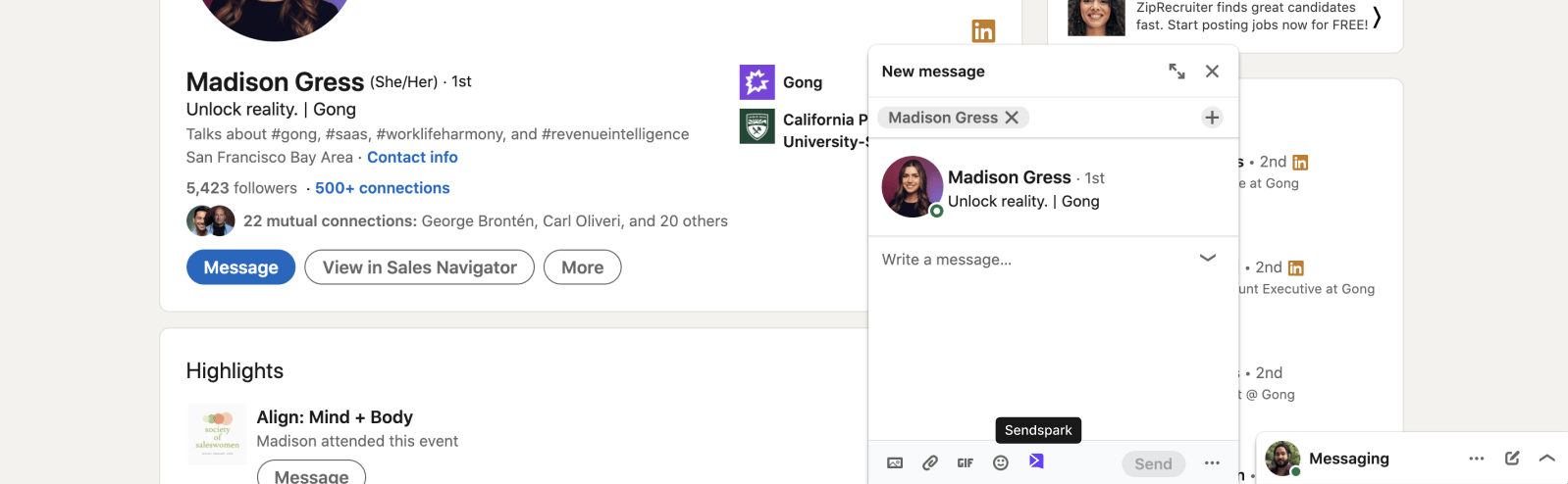 LinkedIn compose window with Sendspark logo icon visible at bottom