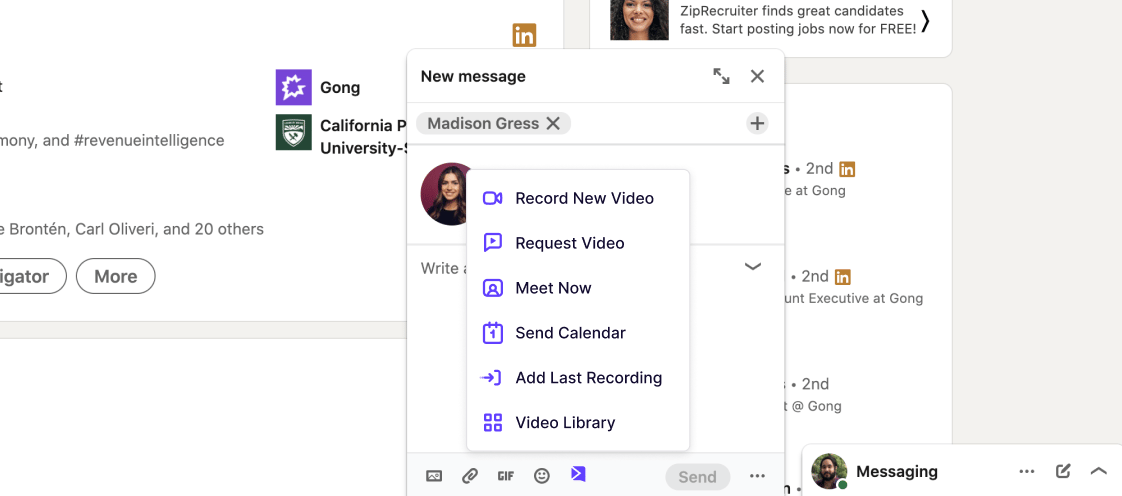 Sendspark dropdown menu showing Record new video and other options