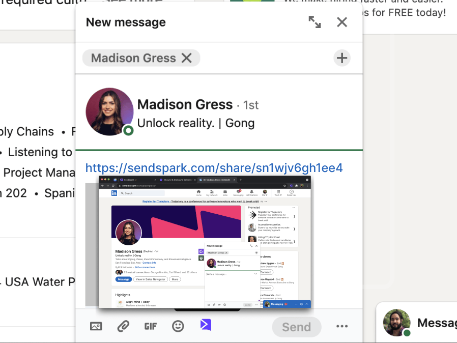 LinkedIn message with Sendspark video thumbnail preview and play button