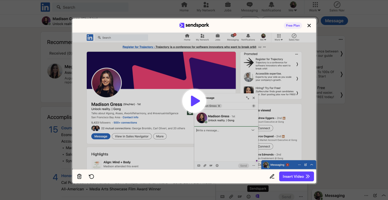 Video preview modal with playback controls and sharing options displayed