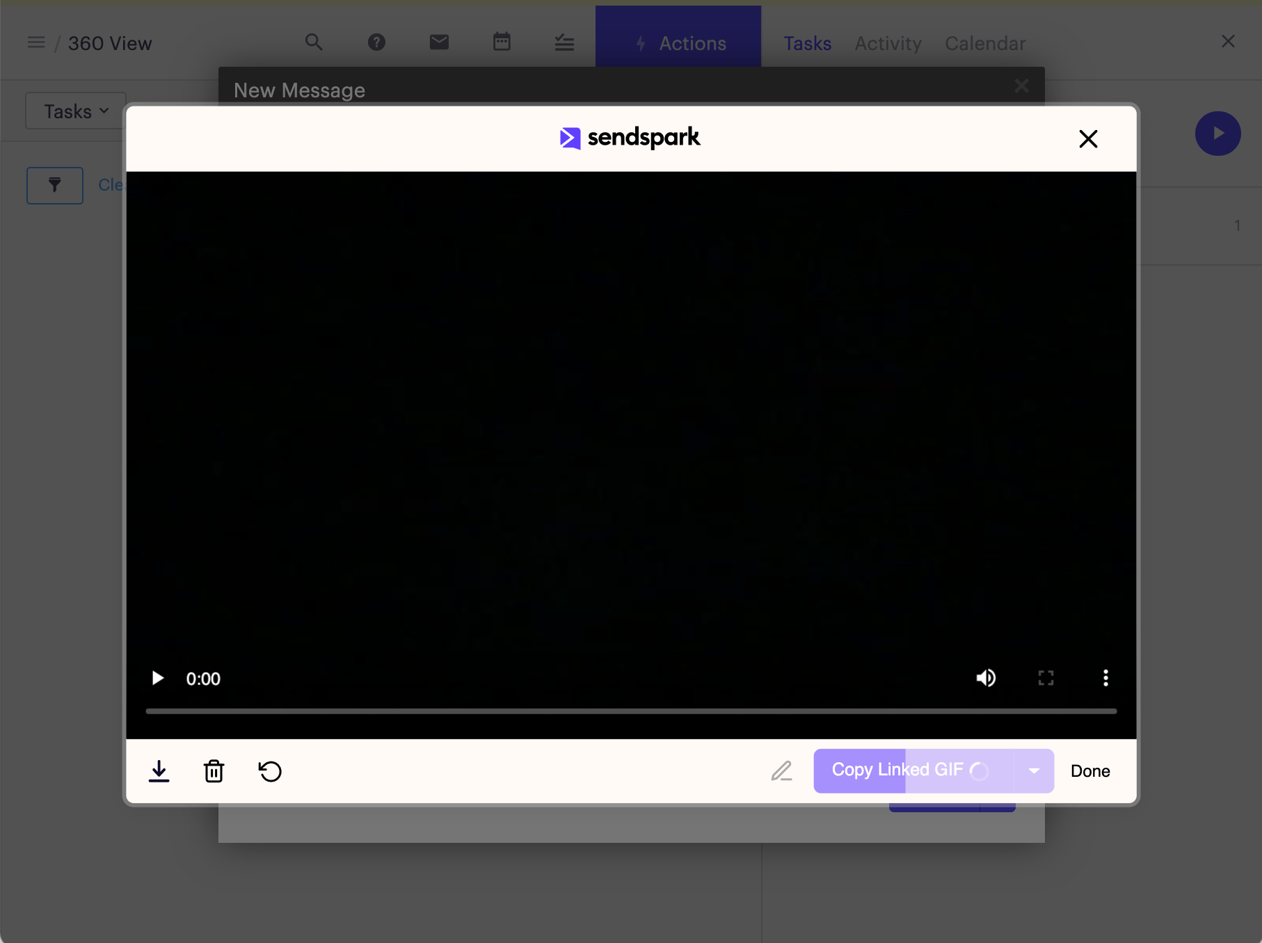 Sendspark video recorder interface with preview of recorded video in modal window