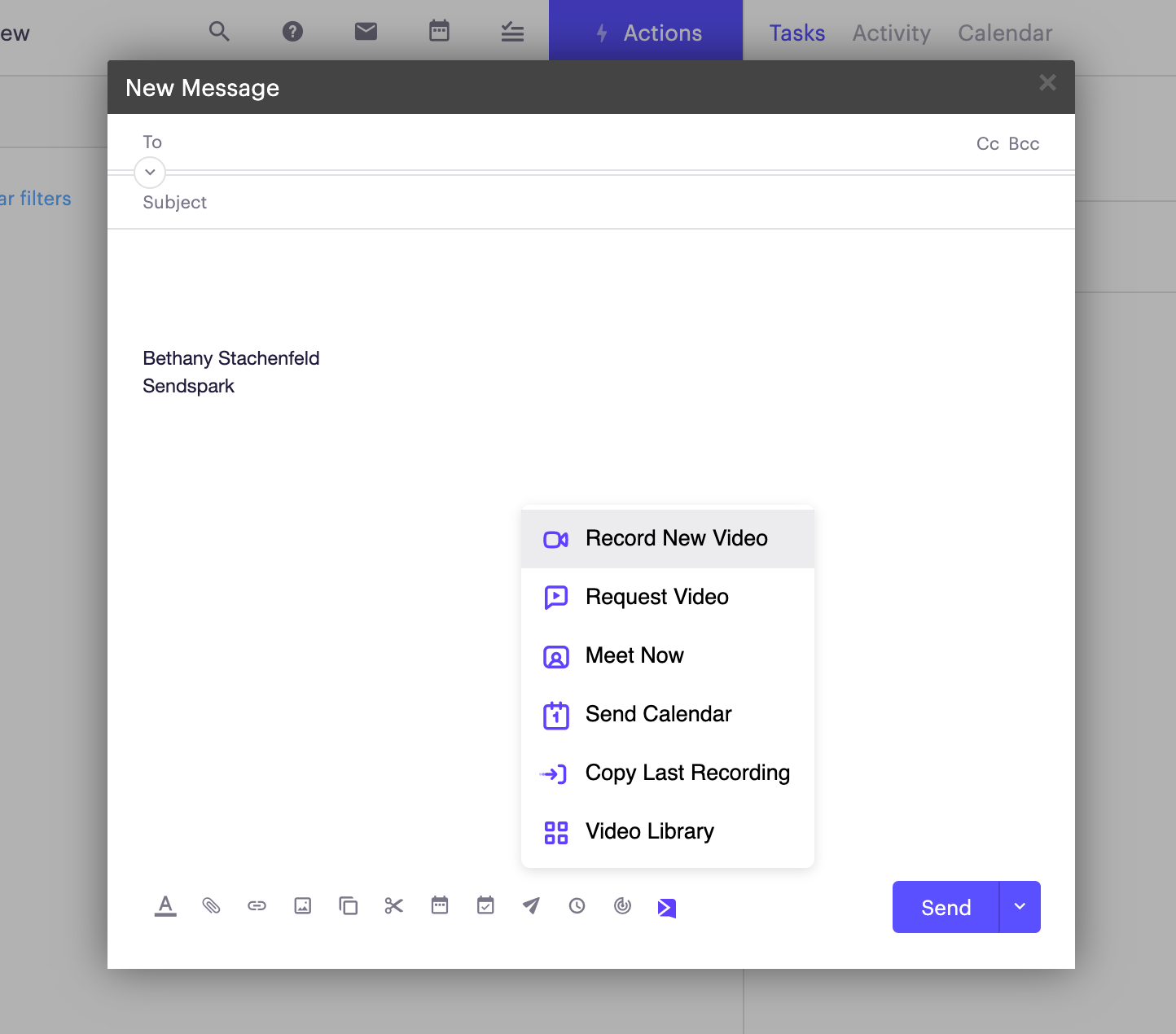 Sendspark menu dropdown showing Record New Video option selected