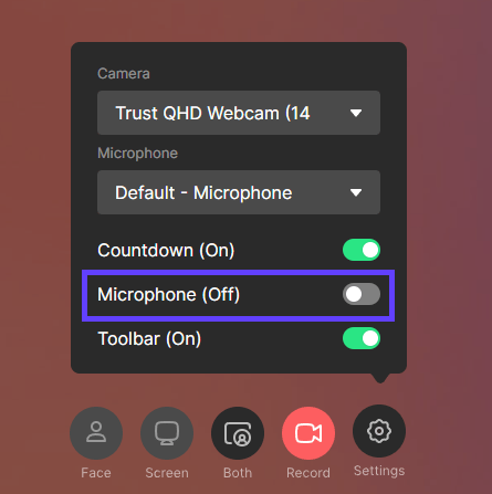 Microphone toggle in recording toolbar