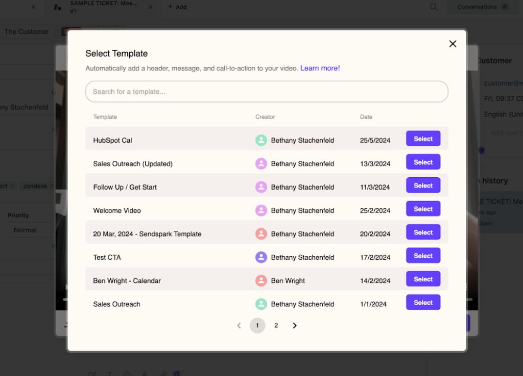 Select Template button and template options for adding text and call-to-action