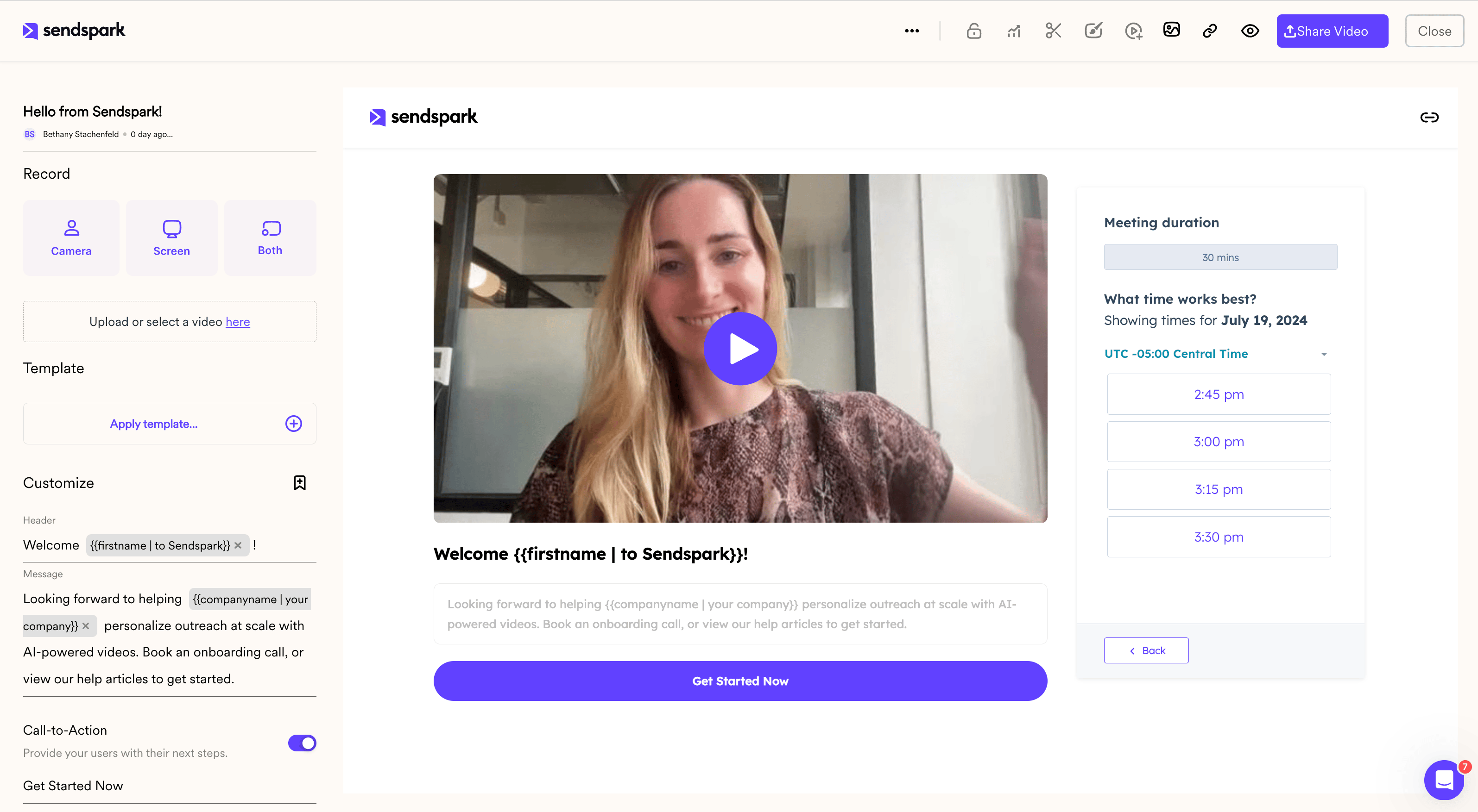 Pencil icon to open video in Sendspark for advanced customization