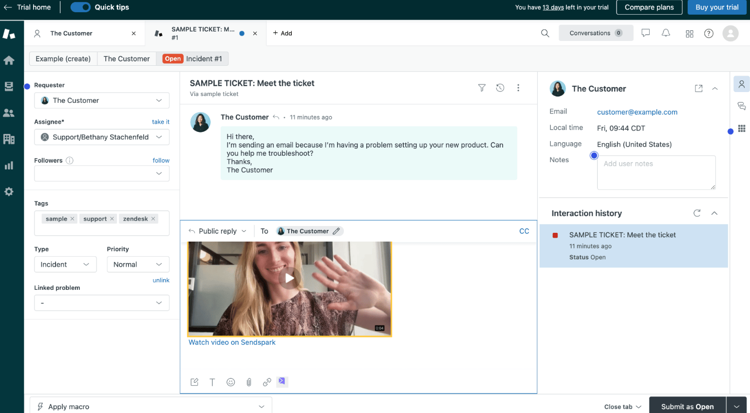 Final Zendesk message with video inserted ready to send to customer