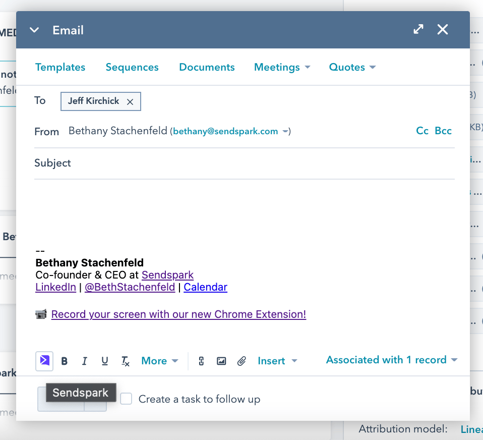 Sendspark icon button visible in Hubspot email compose window toolbar