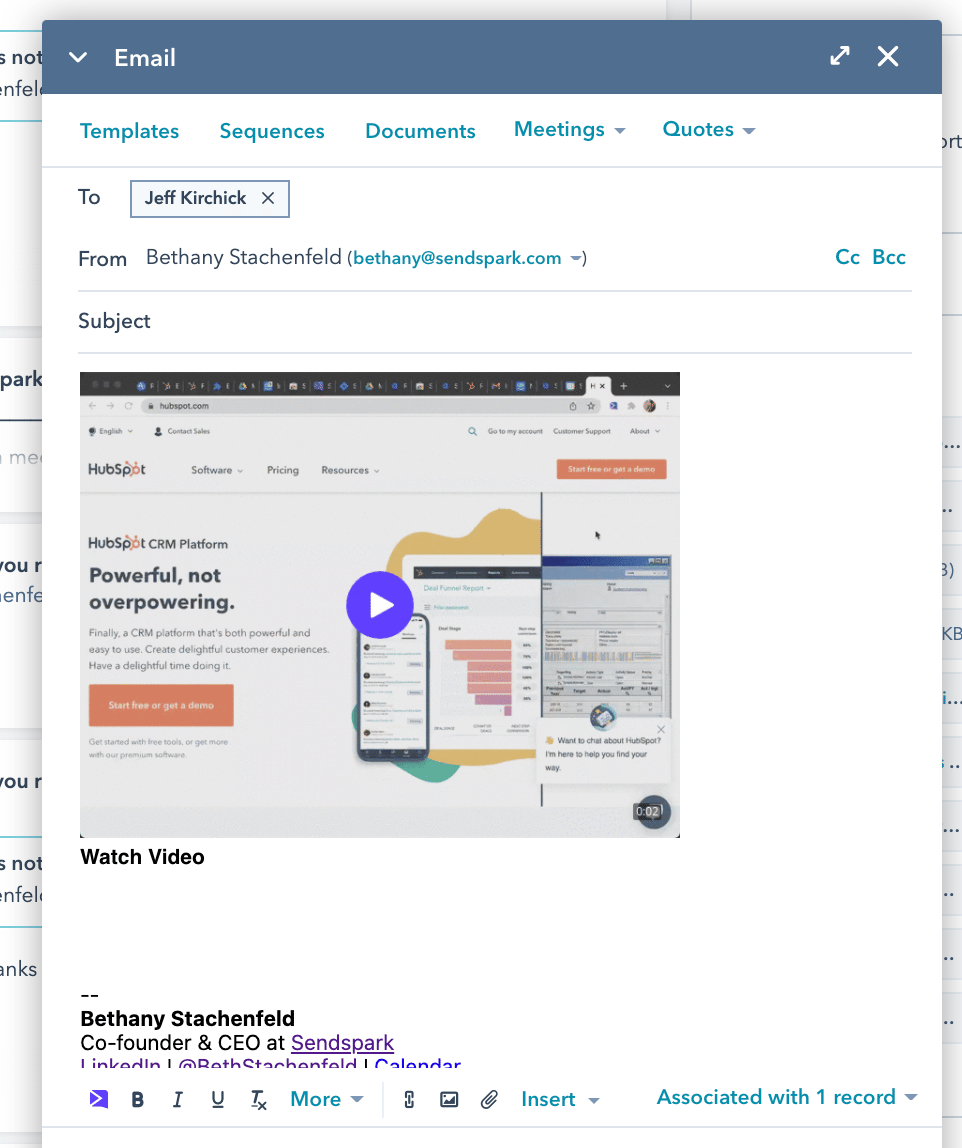 Pasted video GIF thumbnail preview displayed in Hubspot email compose