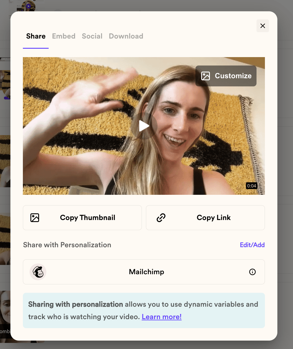 Sendspark account page showing video list with Share Video button