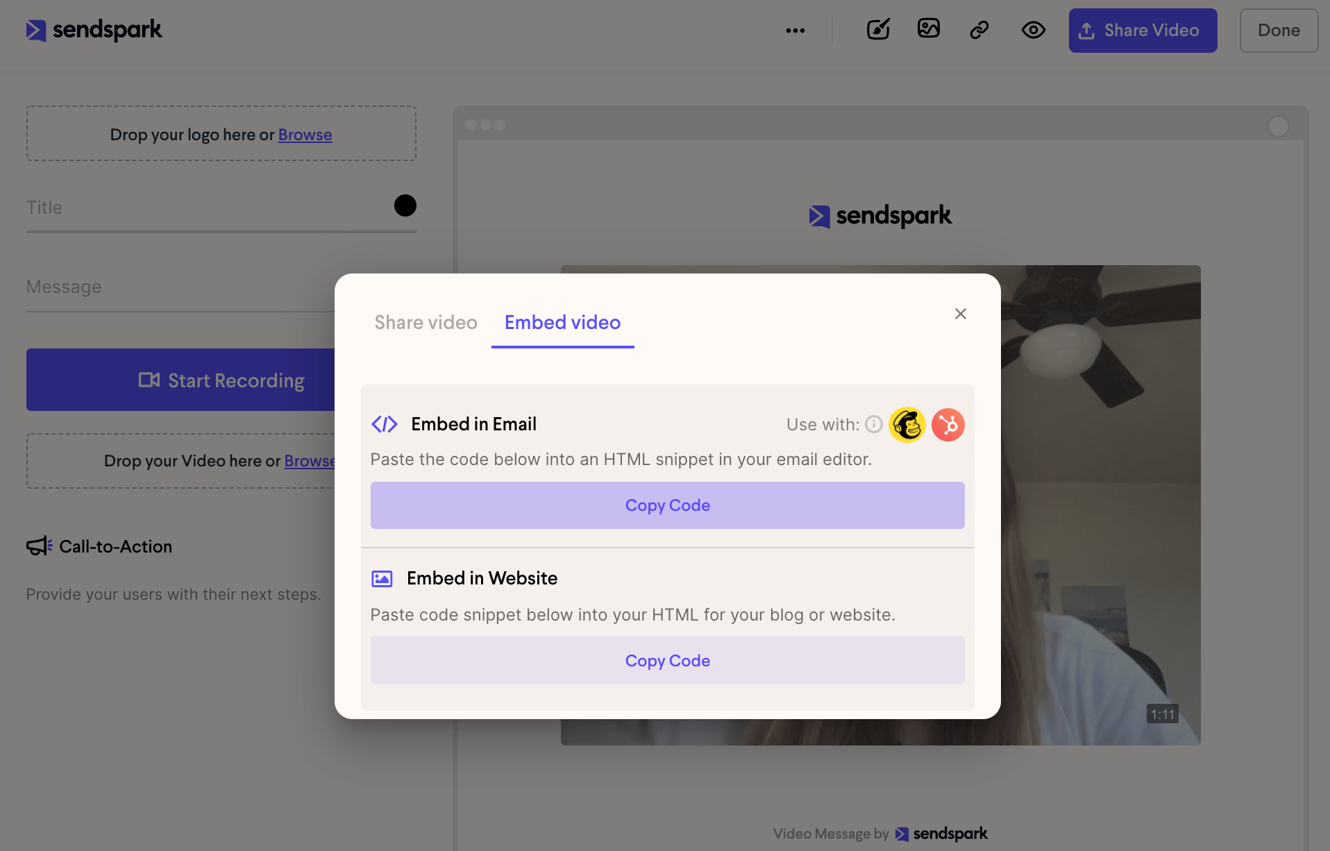 Sendspark share video dialog with embed code copy button highlighted
