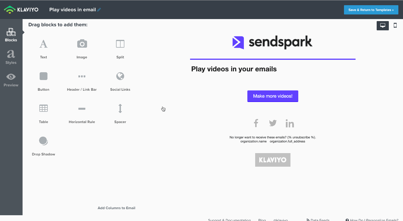 Klaviyo email editor showing text block insertion into template