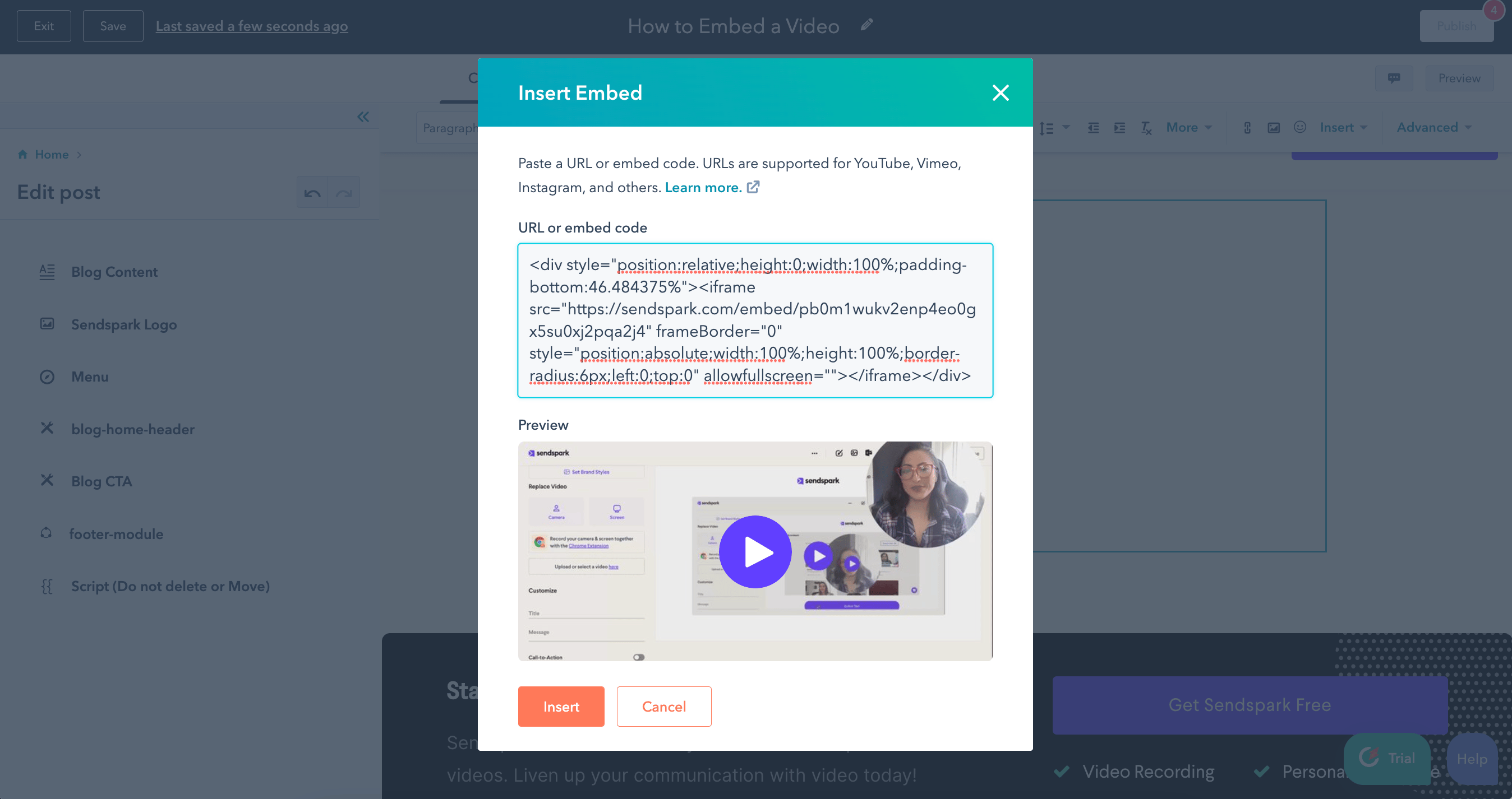 Insert Video Embed Code into Webpage