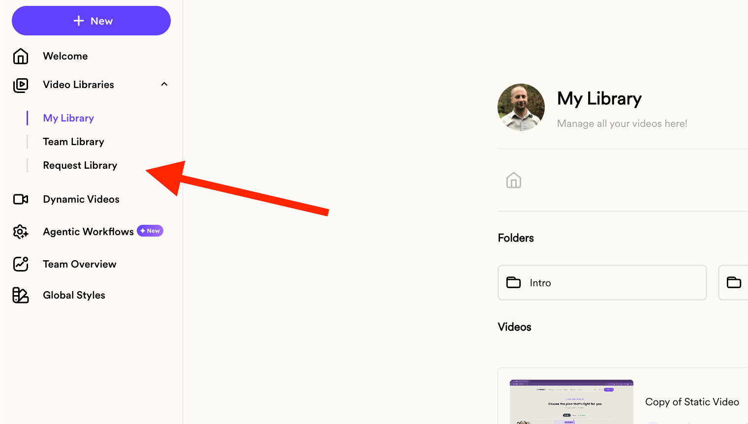 Sendspark sidebar with red arrow pointing to Request Library link