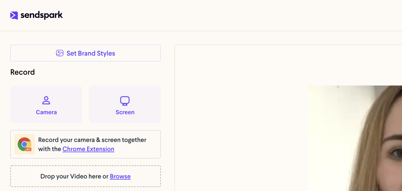 Sendspark video recording interface with record, screen, and upload options