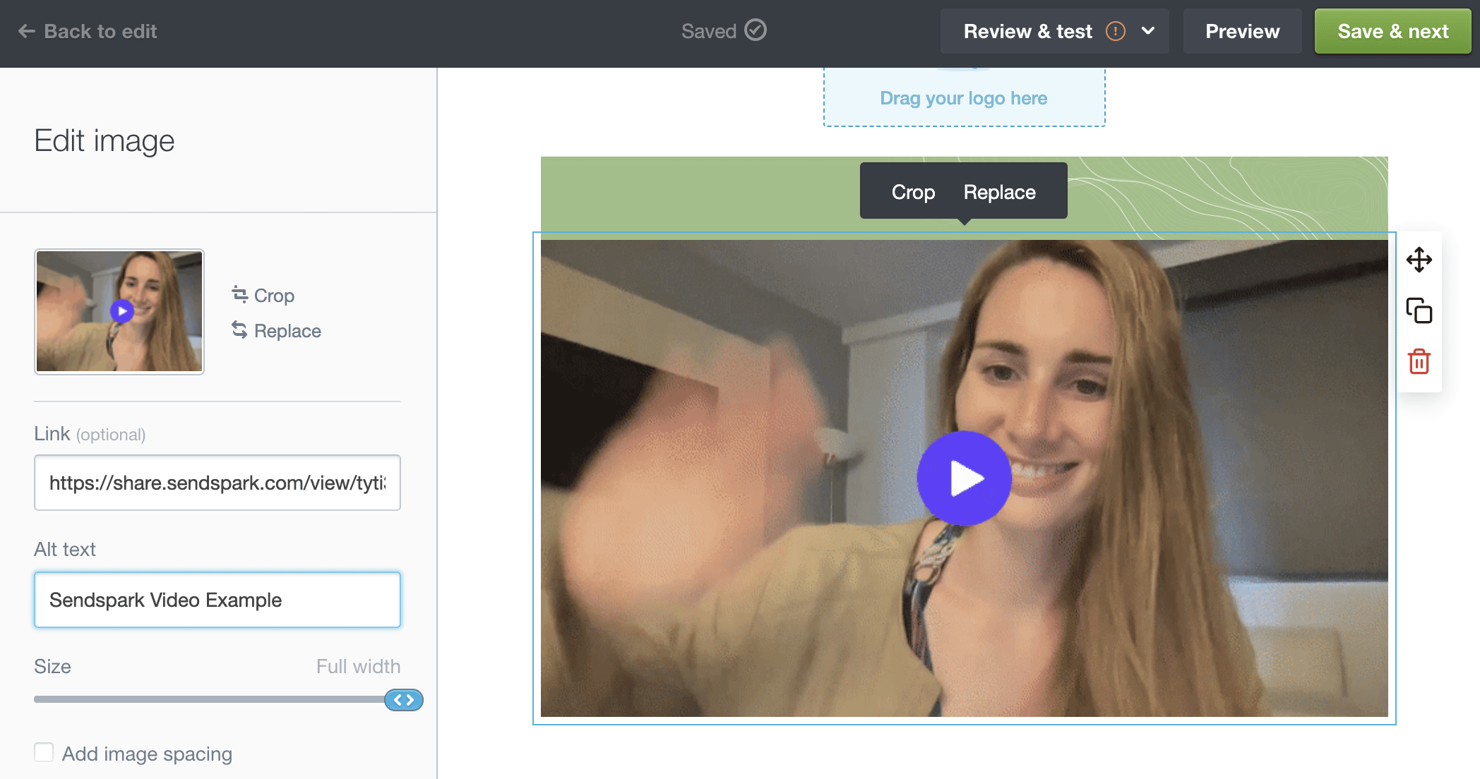 Campaign Monitor email showing uploaded video preview with linked video URL