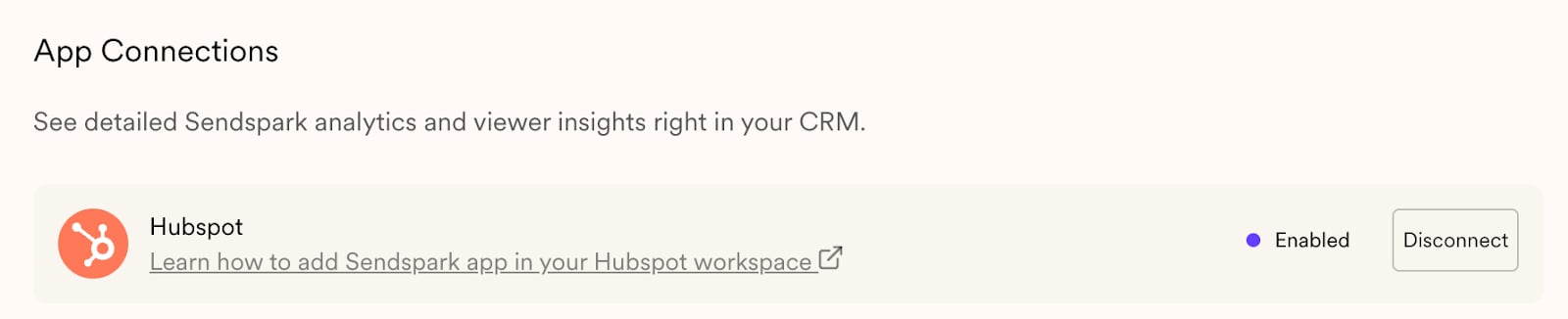 Sendspark Integrations Tab with HubSpot App connection option displayed
