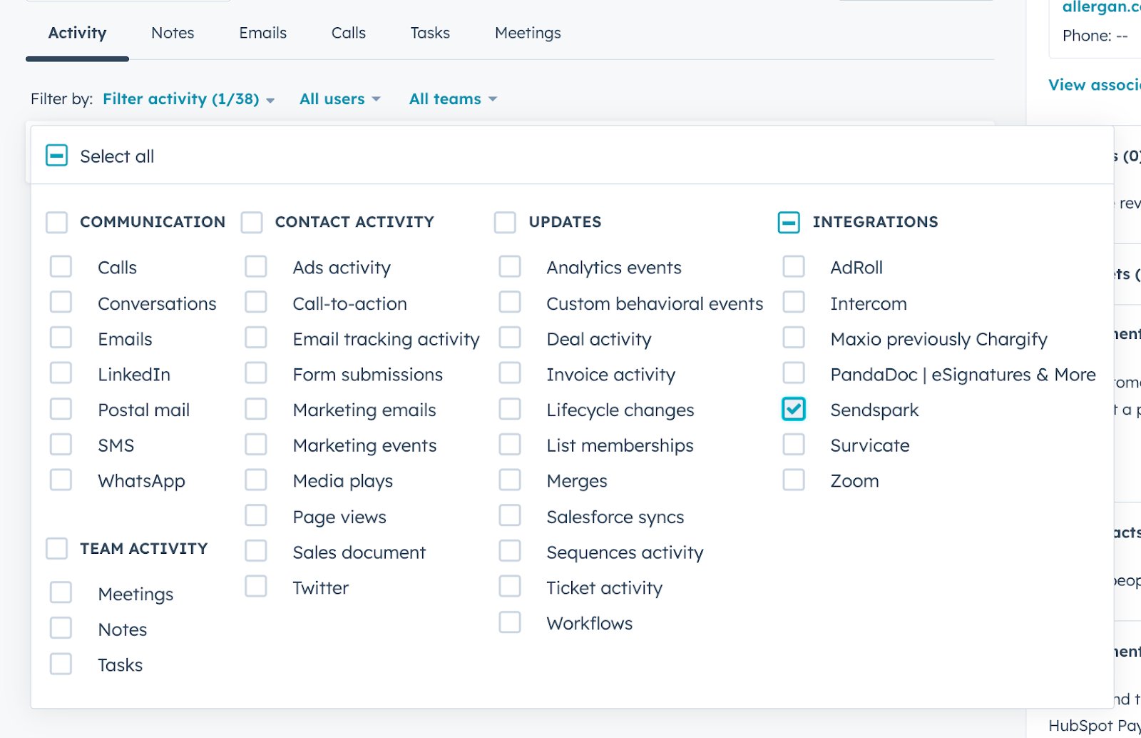 HubSpot Activity list filter with Sendspark selected to show relevant events