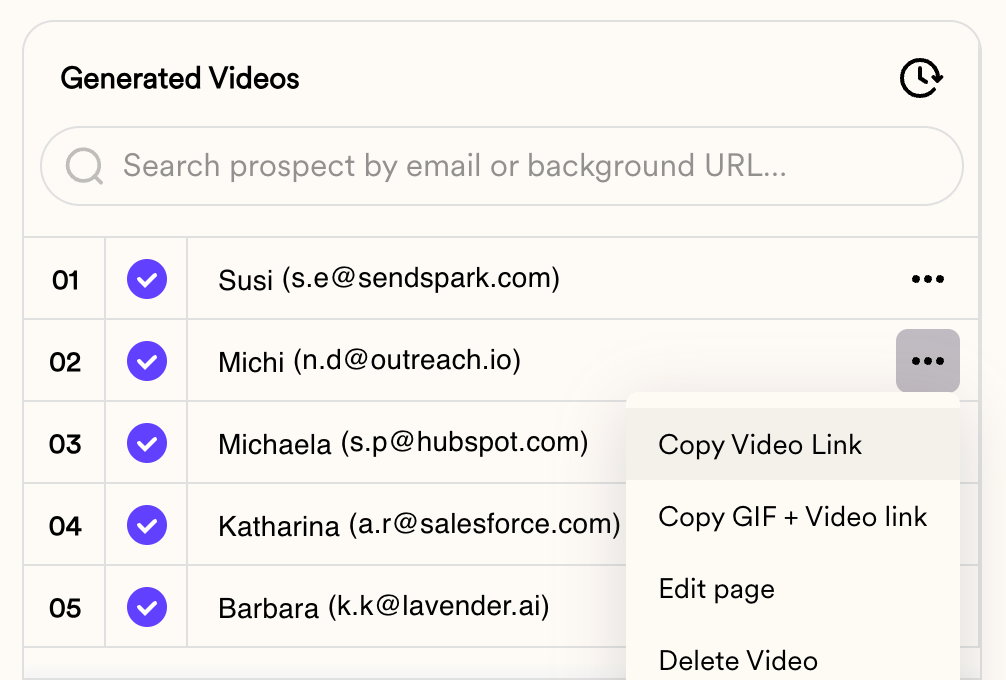 Sendspark dynamic video share modal showing HubSpot tracking parameter options