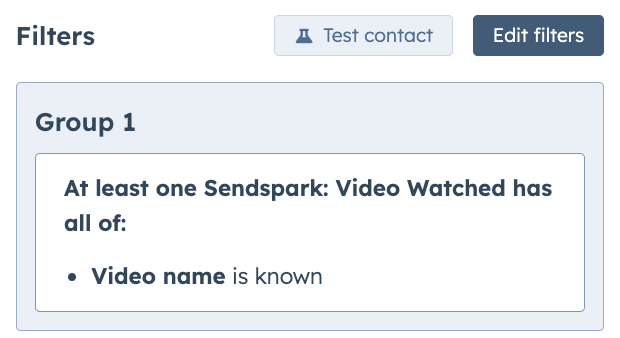 HubSpot list creation interface for tracking contacts who viewed Sendspark videos