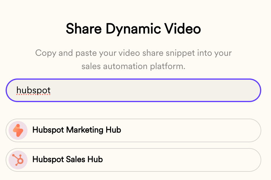 Sendspark share modal with HubSpot share options highlighted for video sharing
