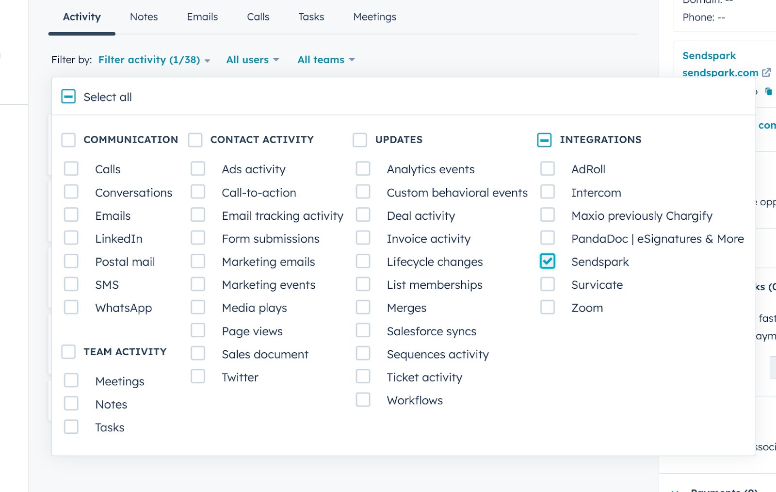 HubSpot timeline filter activity menu with Sendspark option highlighted and selected