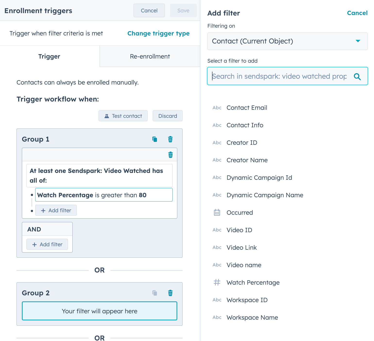 HubSpot list or automation filter showing Sendspark video engagement criteria options