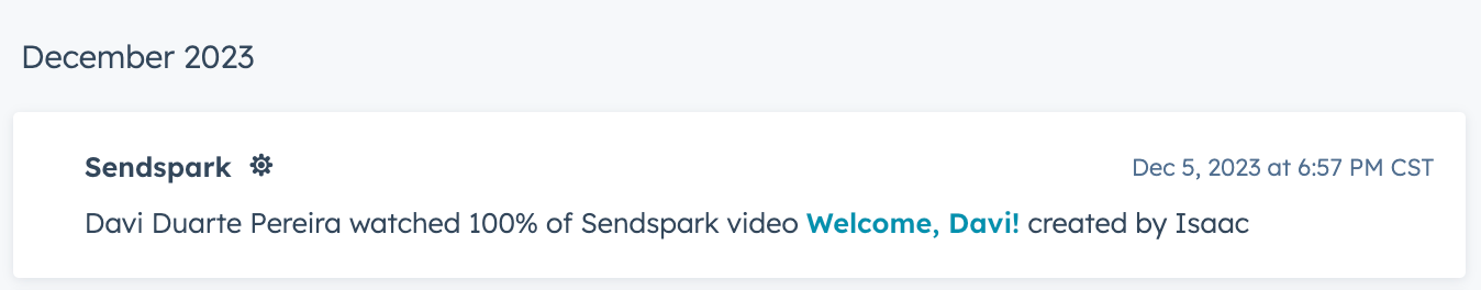 HubSpot contact timeline showing Sendspark video engagement events and activity history