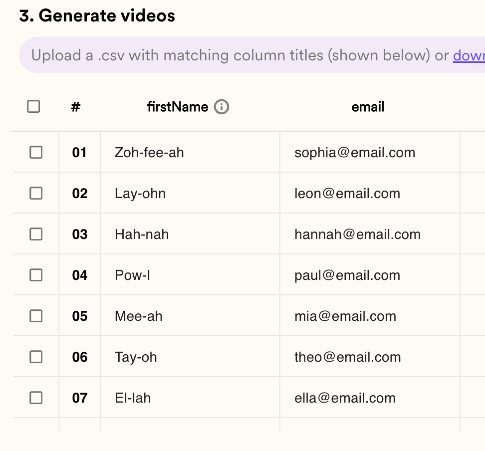 Sendspark contact import form showing First Name field with phonetic pronunciation example