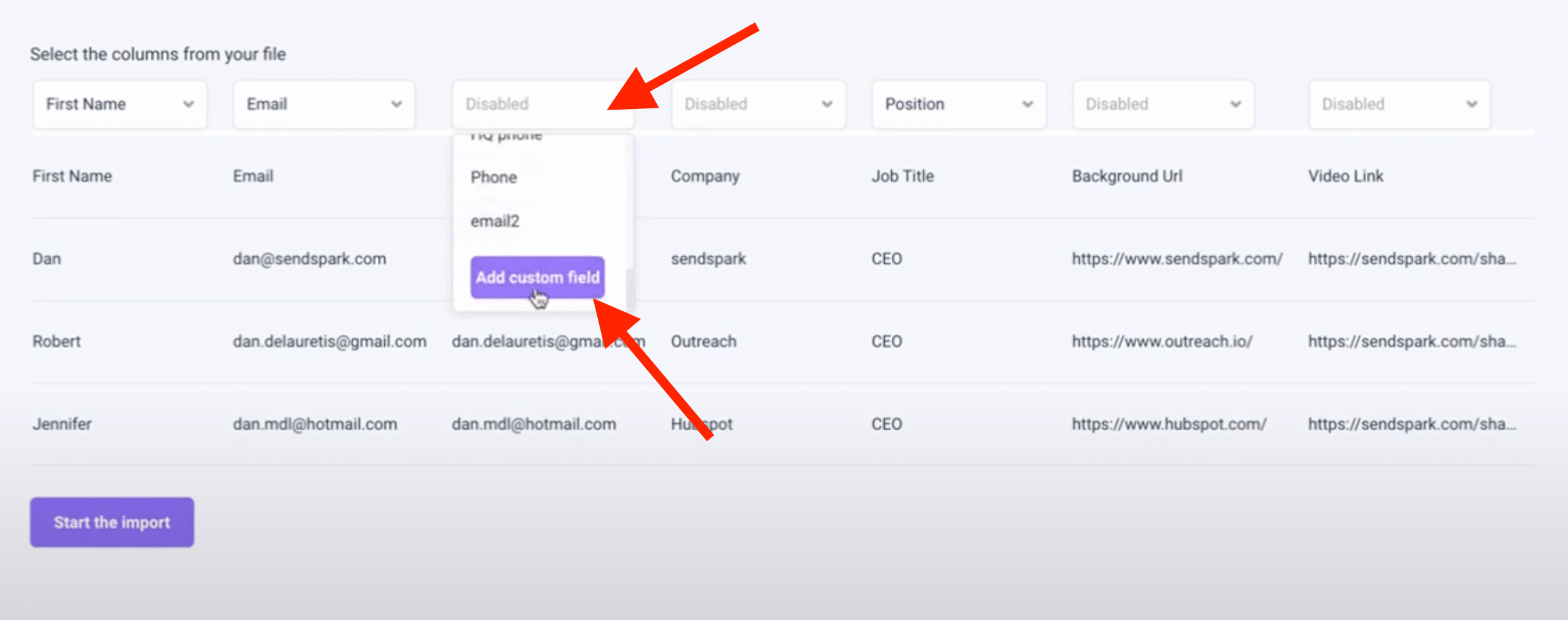 Custom field header expansion menu with Add Custom Field option