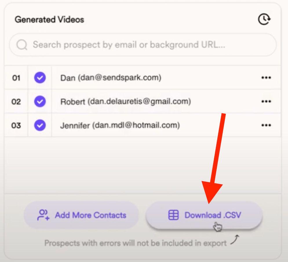 Sendspark export button to download CSV file with contacts