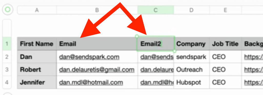 Spreadsheet showing EMAIL column duplicated and renamed to email2