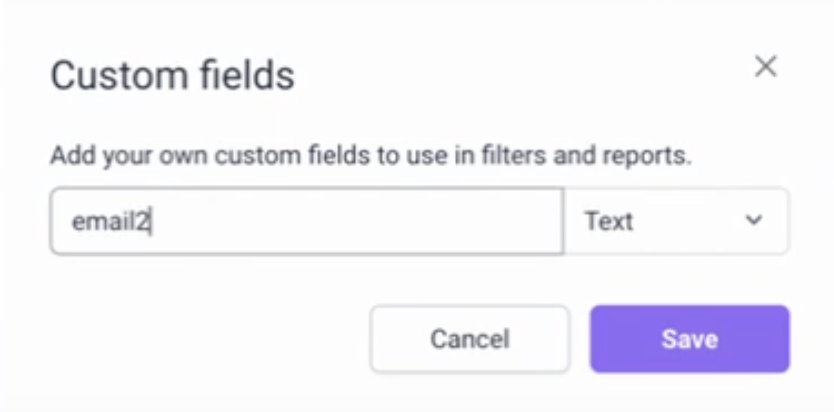 Custom field creation dialog with email2 name and Text type selected
