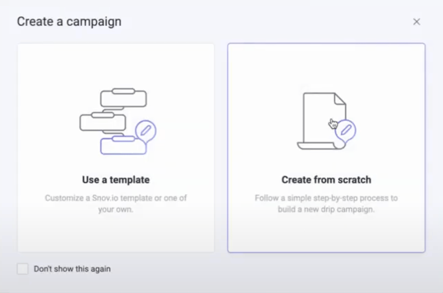 Campaign creation dialog showing Template and Scratch options