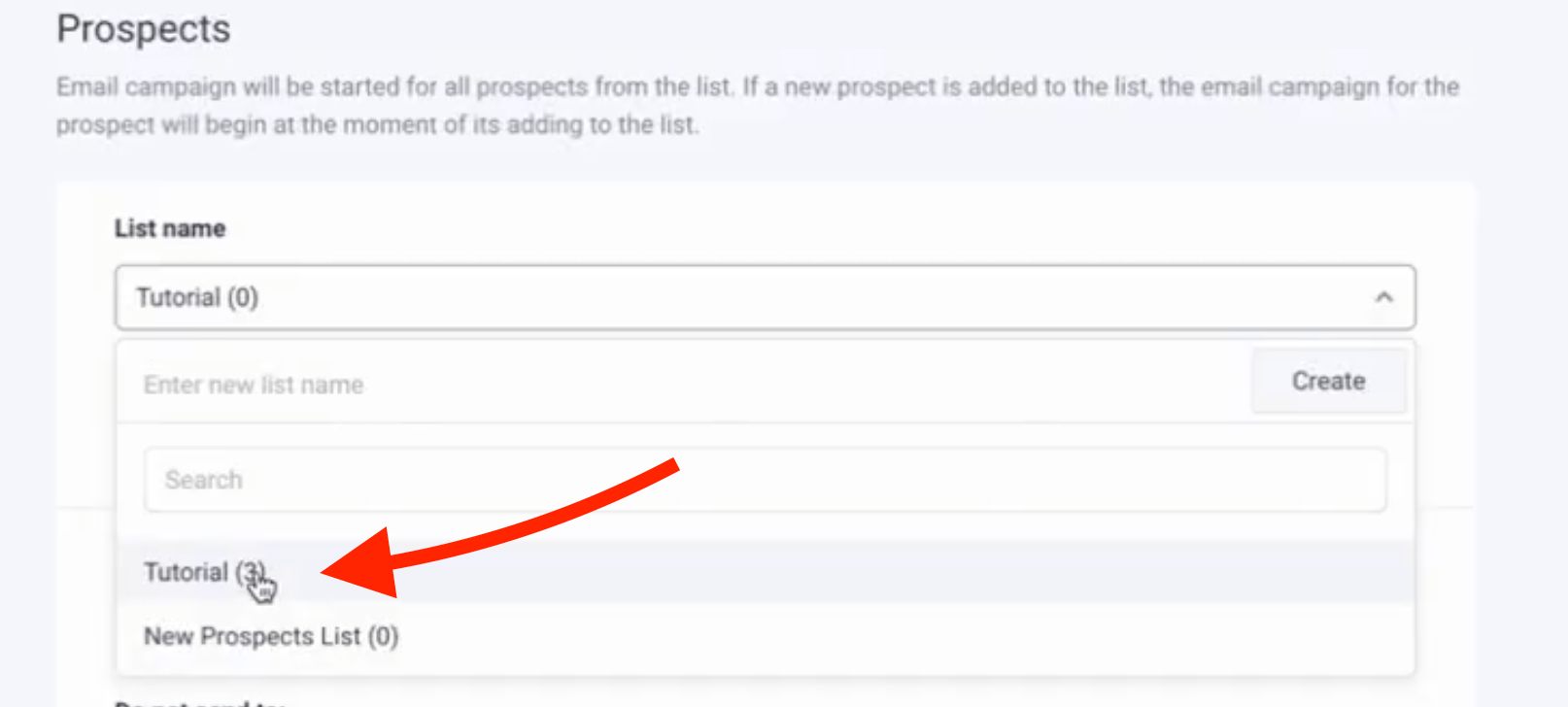 Prospects selection panel showing newly created list with contact count