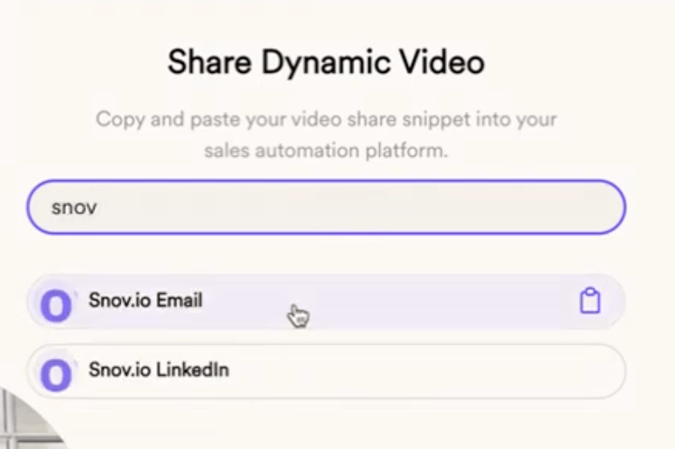 Snov.io integration search results with email option highlighted