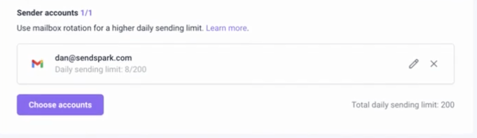 Sendspark account selection and review confirmation screen