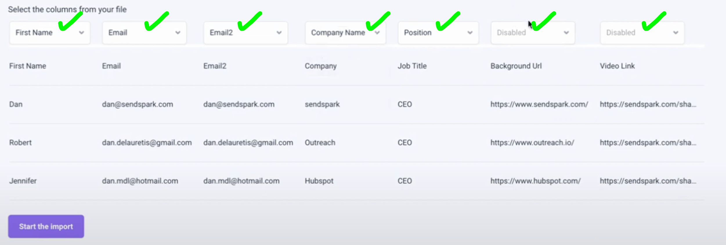 Imported contacts table showing enabled and disabled columns properly configured