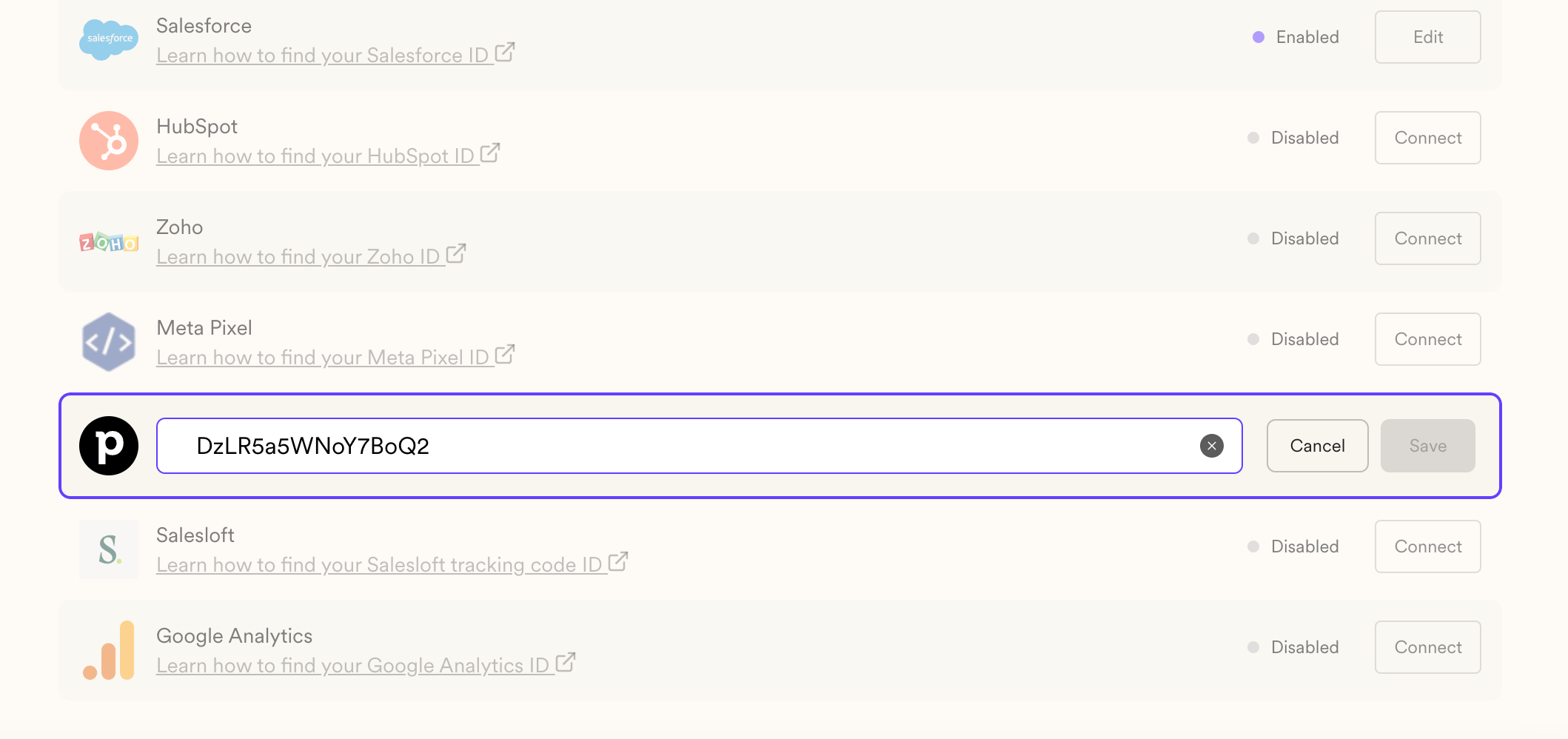Integrations page