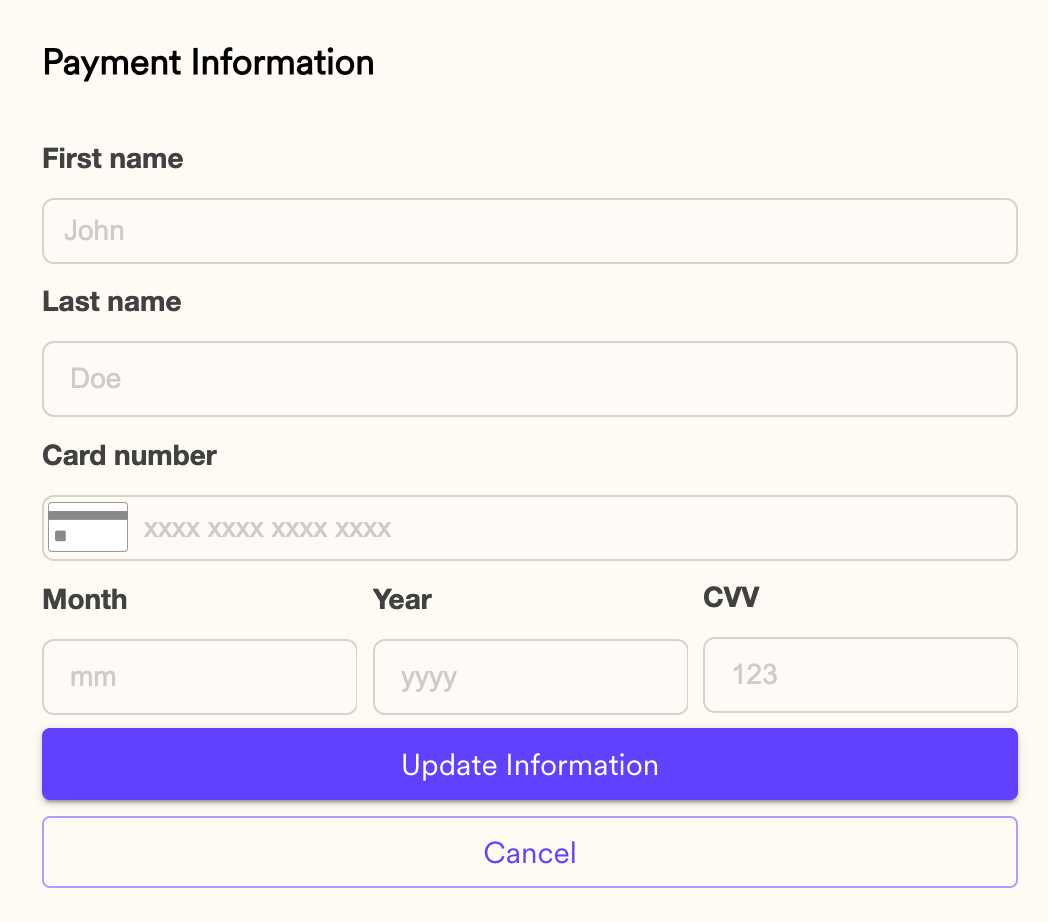 Payment information form with fields for new card details and Update button