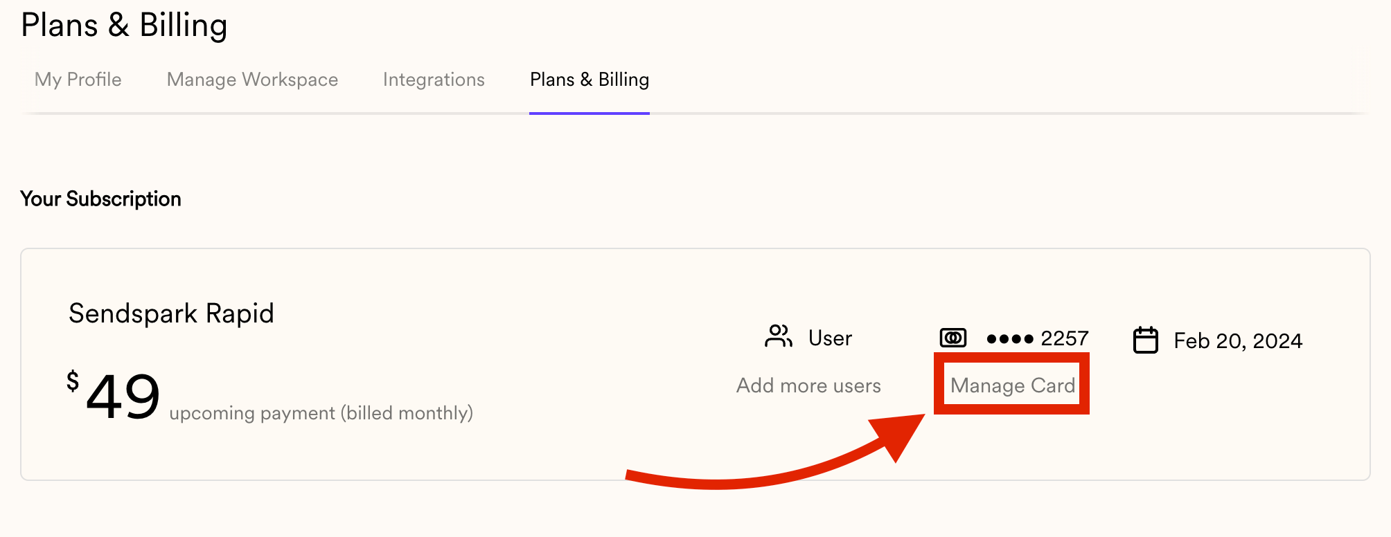 Billing page displaying Manage Card button and current payment method