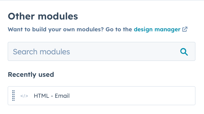 HubSpot email editor More menu expanded showing HTML Email module option