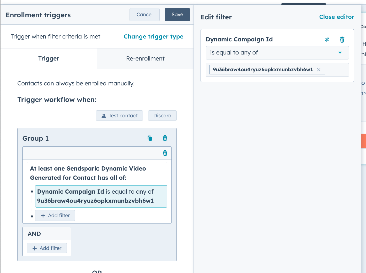 HubSpot workflow trigger configuration with Dynamic Campaign ID value pasted in field
