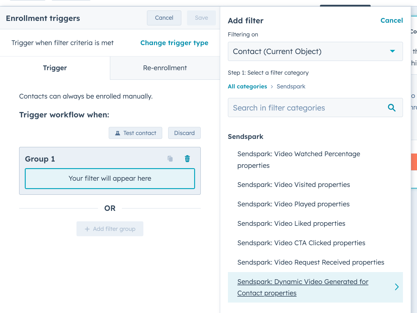 HubSpot property selector displaying Sendspark Dynamic Video Generated for Contact properties