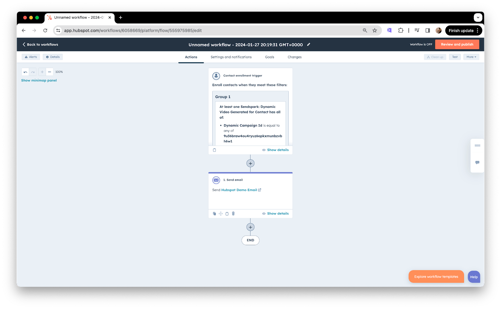 HubSpot workflow canvas showing email action step added to automation workflow