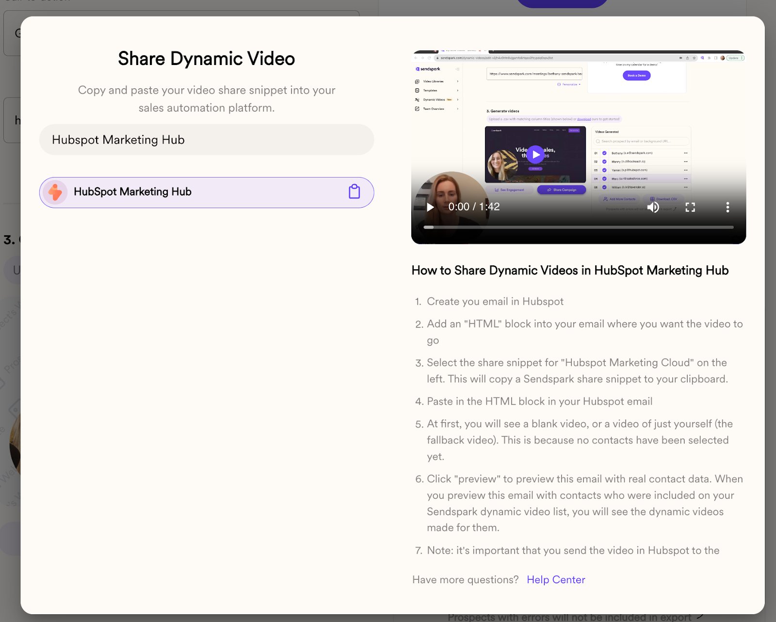 Sendspark Share Campaign menu with HubSpot Marketing Hub integration option highlighted