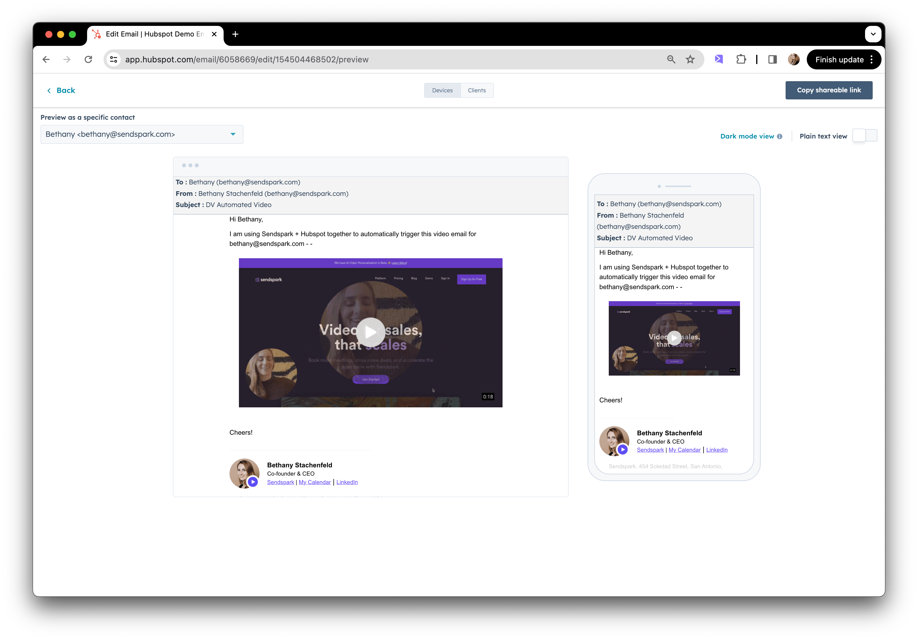 HubSpot email editor HTML code block displaying pasted Sendspark share snippet code